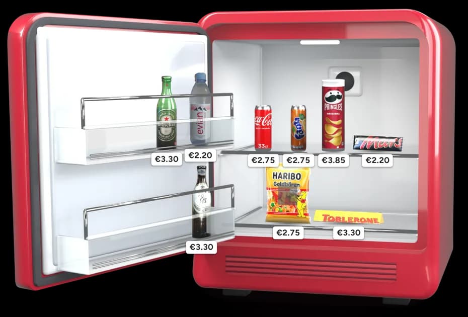 BookNoFees minibar as your guests see it: open, with drinks, snacks and a price on every product