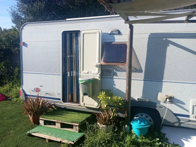 BookNoFees: vakansiehuis in El Palmar De Vejer – Buitekant van vintage karavaan met oop deur, afdak en potplante op gras
