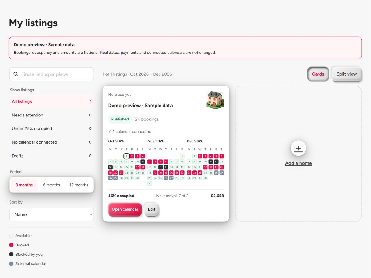 BookNoFees host dashboard with sample properties, listing status and calendar.
