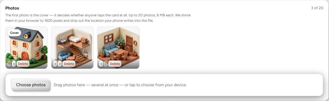 BookNoFees listing editor: add photos, arrange their order and choose the cover image.