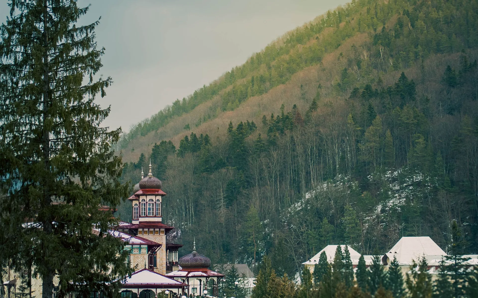 Traditional building nestled among wooded hills in Romania